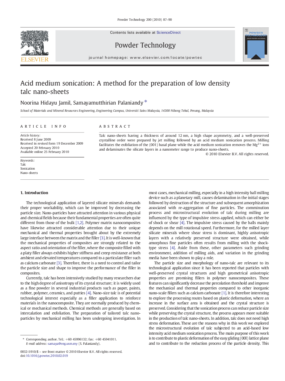 Acid medium sonication: A method for the preparation of low density talc nano-sheets