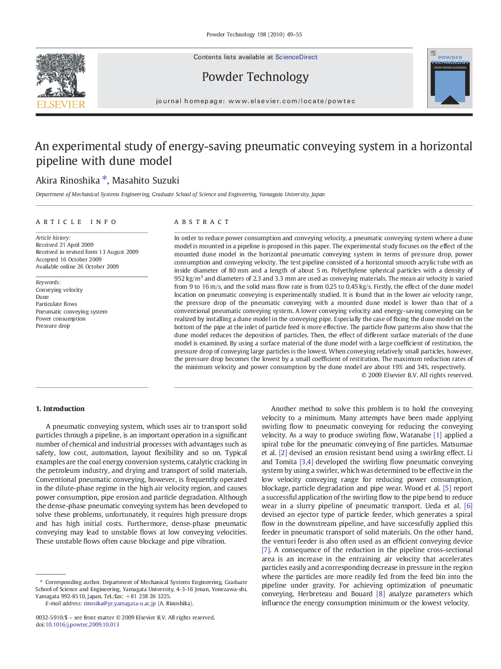 An experimental study of energy-saving pneumatic conveying system in a horizontal pipeline with dune model