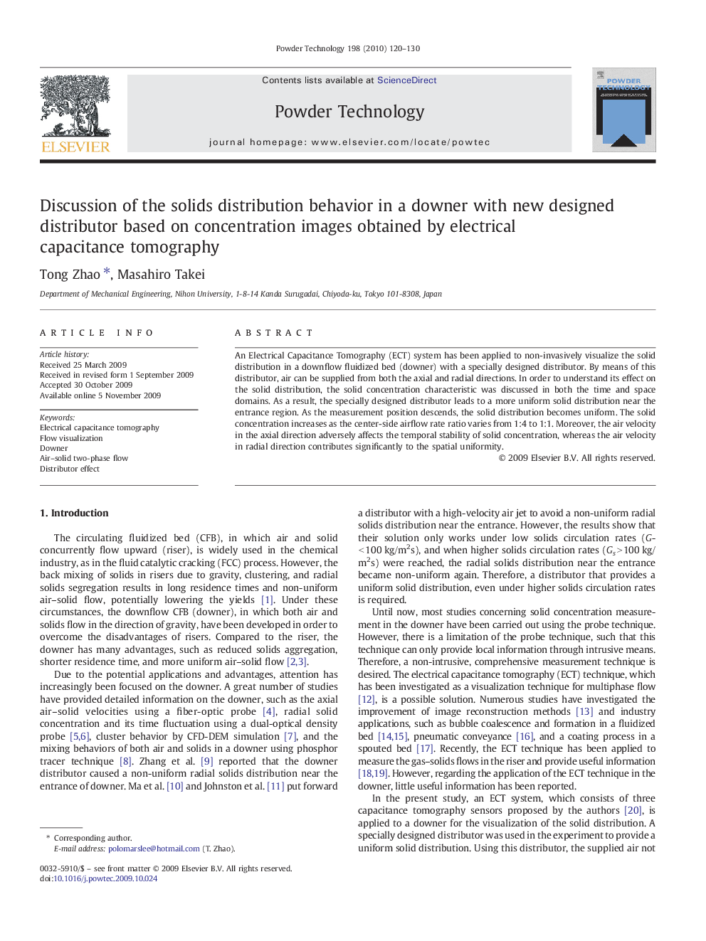 Discussion of the solids distribution behavior in a downer with new designed distributor based on concentration images obtained by electrical capacitance tomography