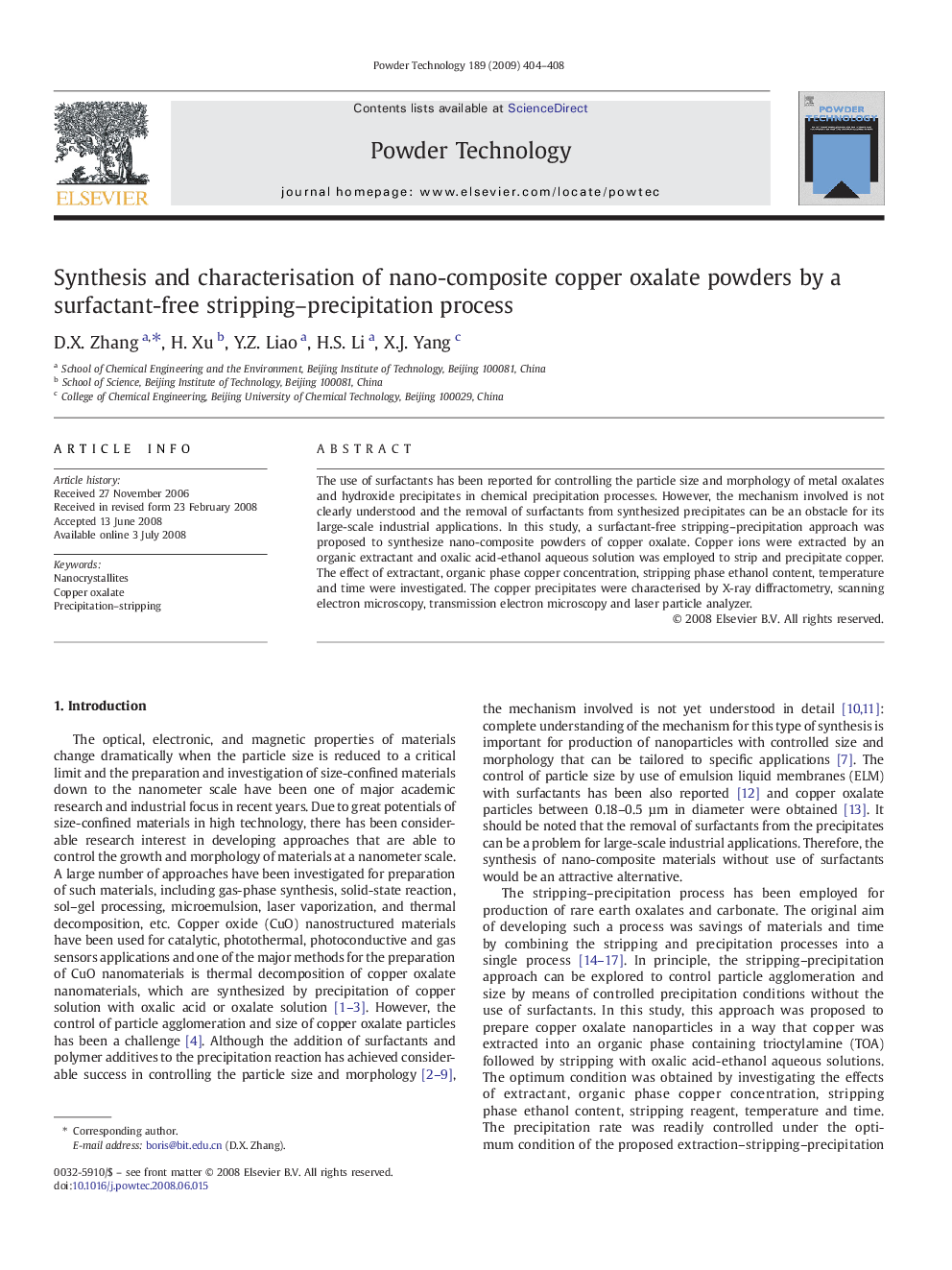 Synthesis and characterisation of nano-composite copper oxalate powders by a surfactant-free stripping–precipitation process