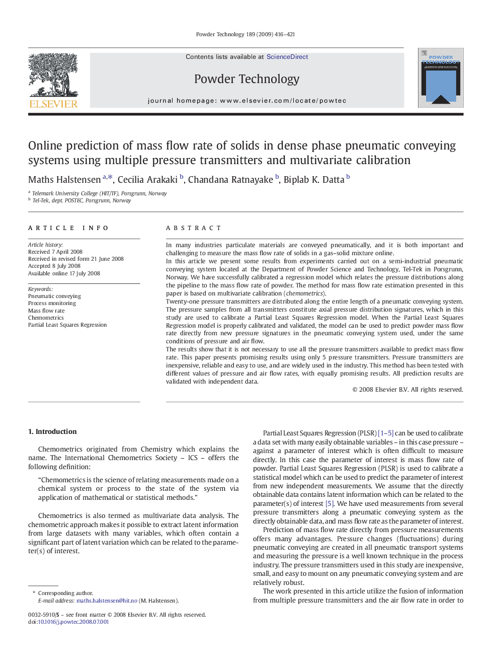 Online prediction of mass flow rate of solids in dense phase pneumatic conveying systems using multiple pressure transmitters and multivariate calibration