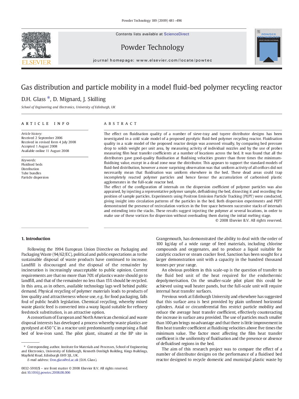 Gas distribution and particle mobility in a model fluid-bed polymer recycling reactor