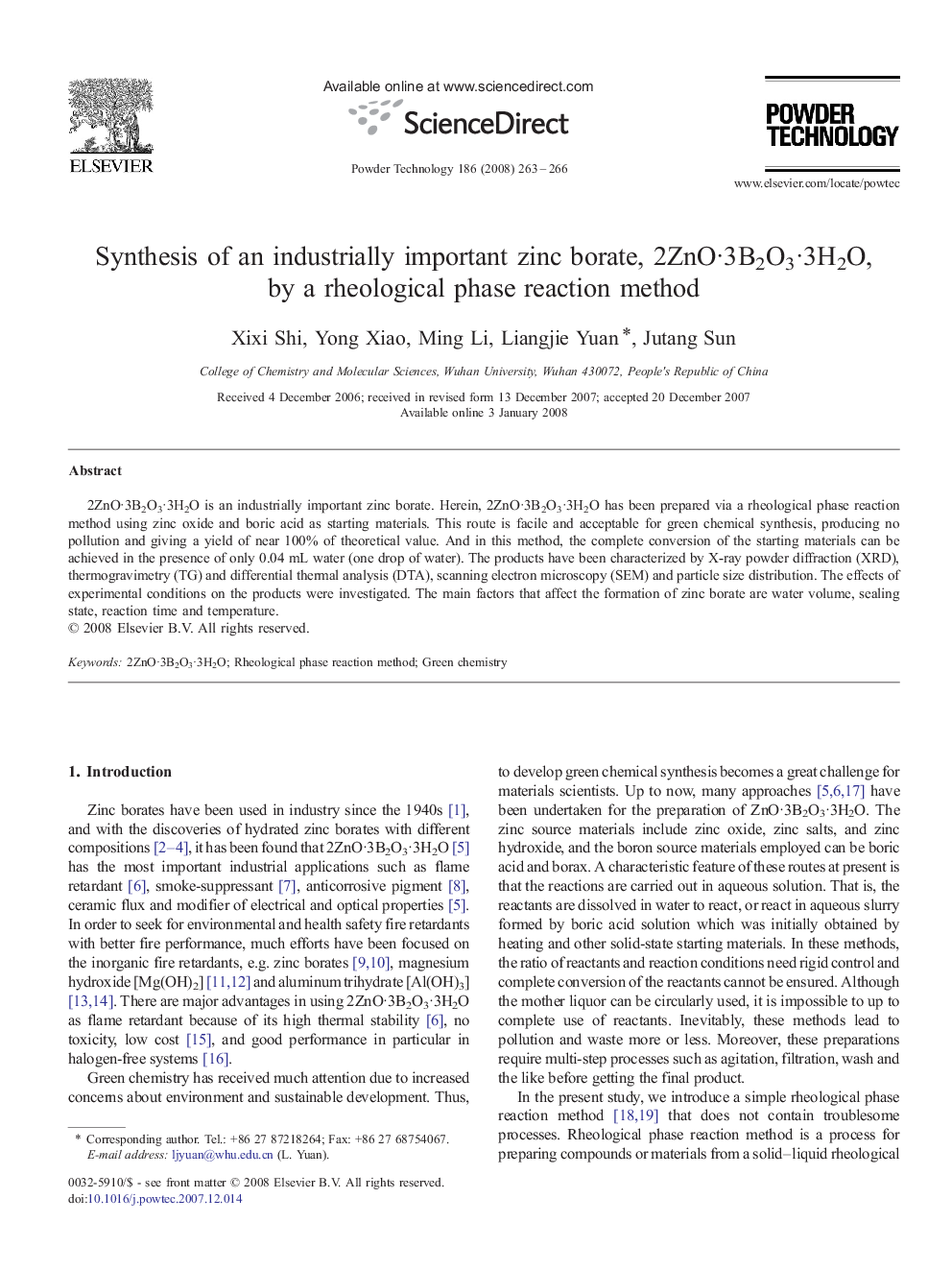 Synthesis of an industrially important zinc borate, 2ZnO·3B2O3·3H2O, by a rheological phase reaction method