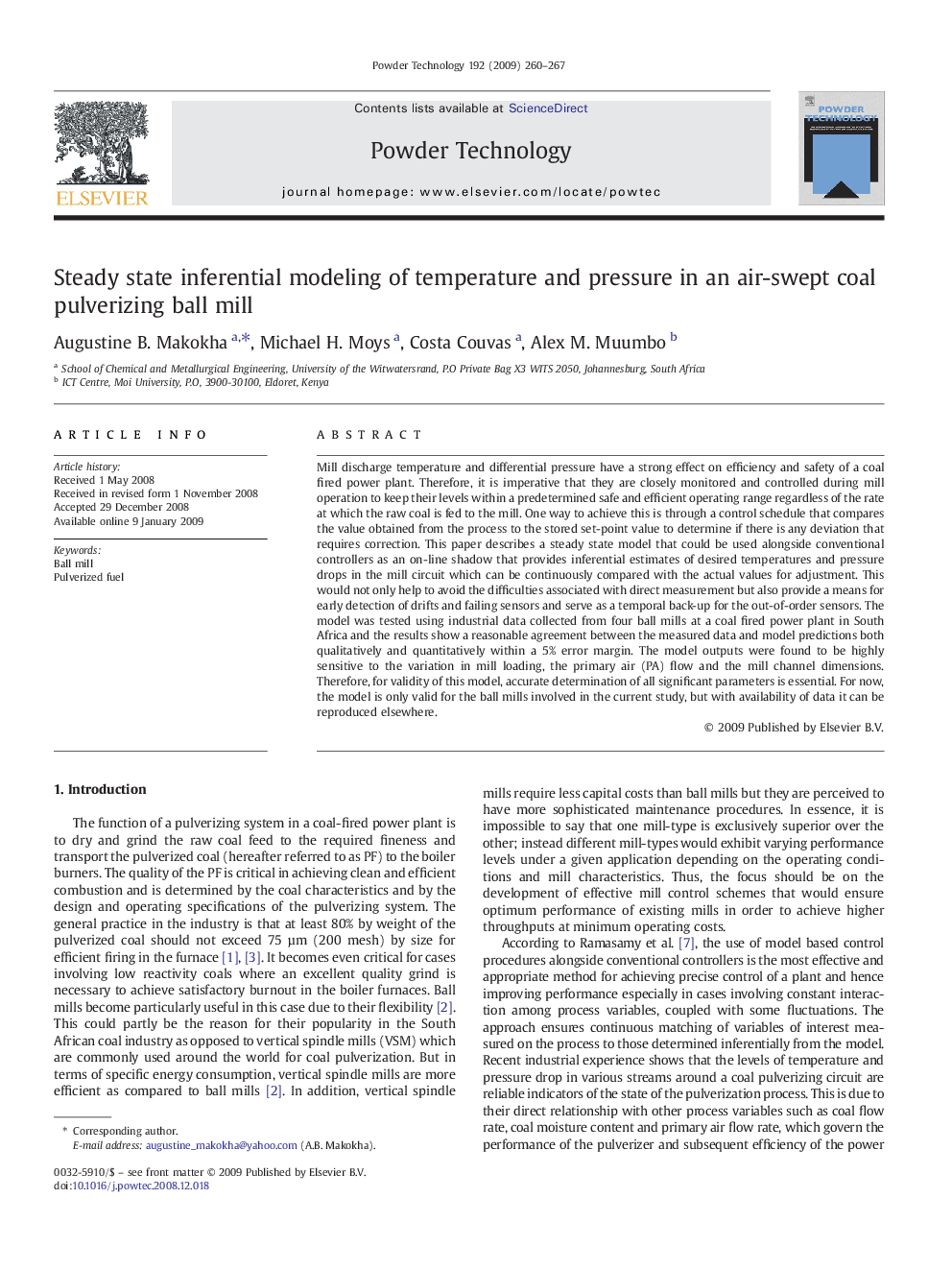 Steady state inferential modeling of temperature and pressure in an air-swept coal pulverizing ball mill