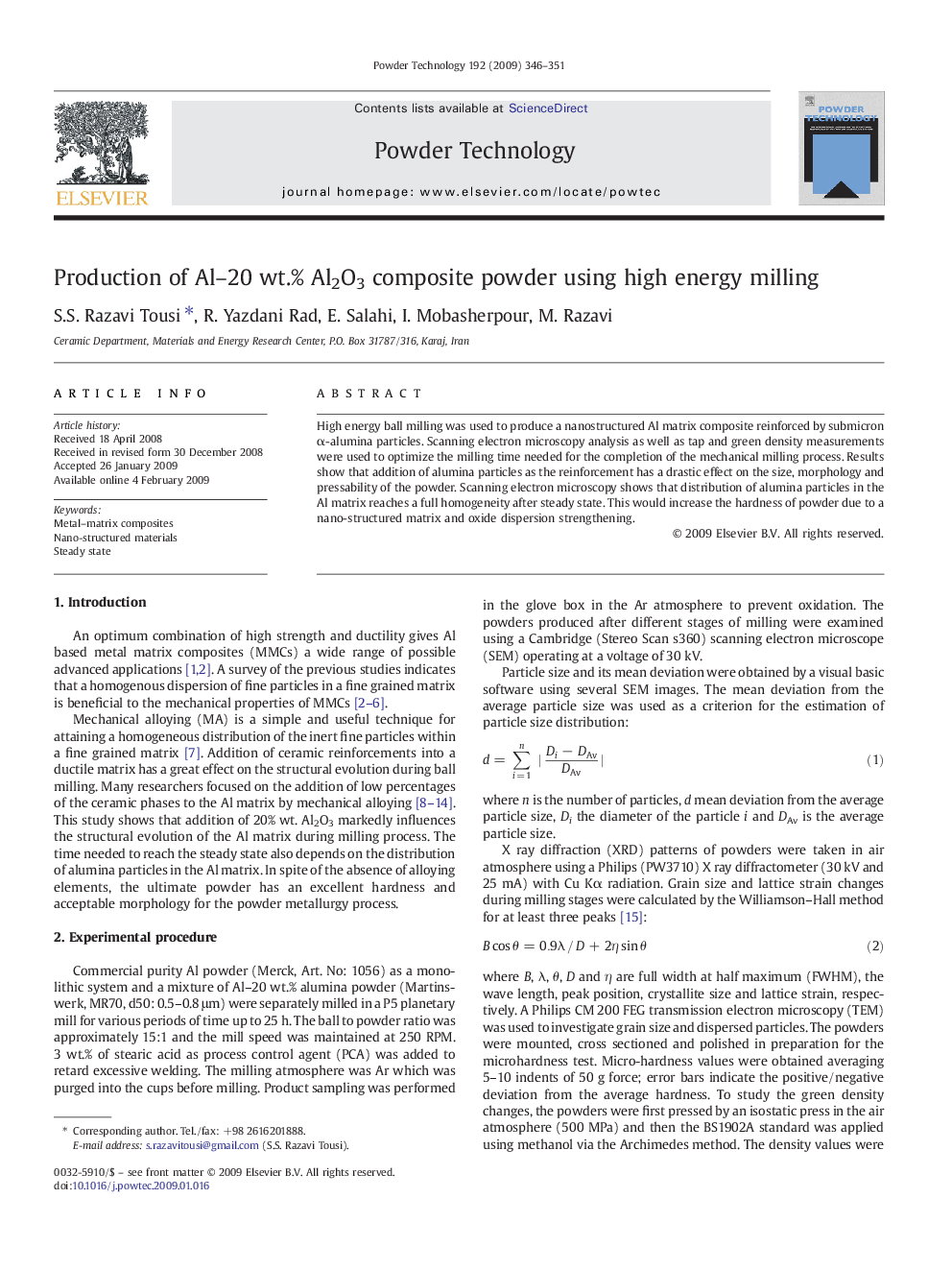 Production of Al–20 wt.% Al2O3 composite powder using high energy milling