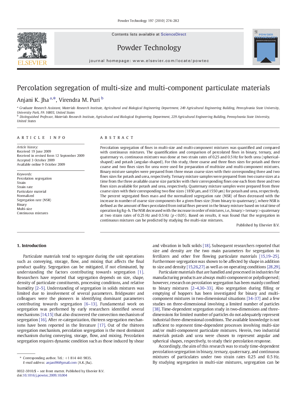 Percolation segregation of multi-size and multi-component particulate materials