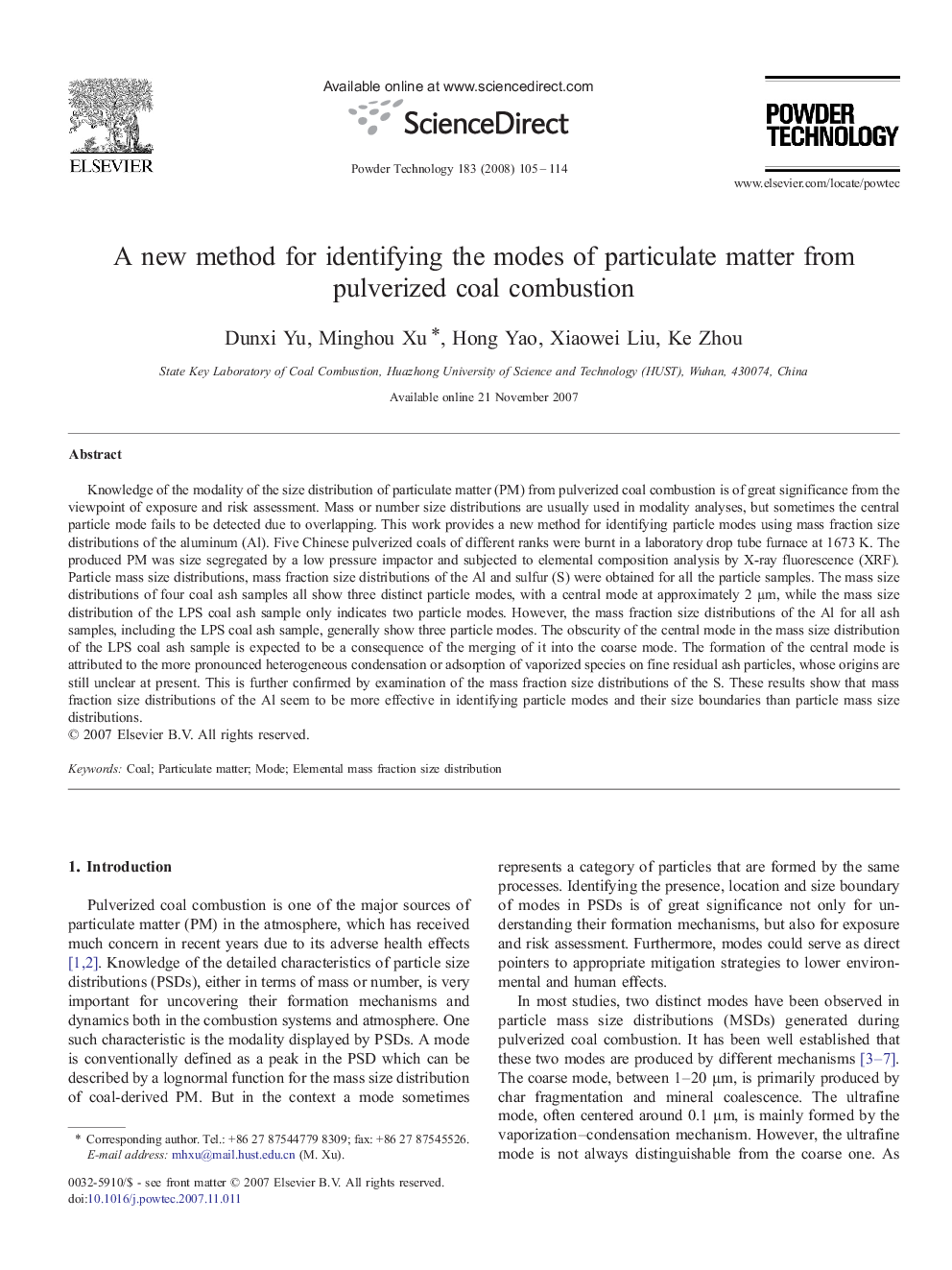 A new method for identifying the modes of particulate matter from pulverized coal combustion