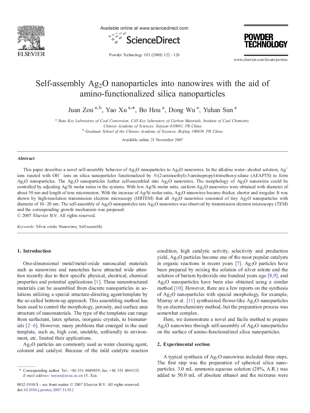 Self-assembly Ag2O nanoparticles into nanowires with the aid of amino-functionalized silica nanoparticles