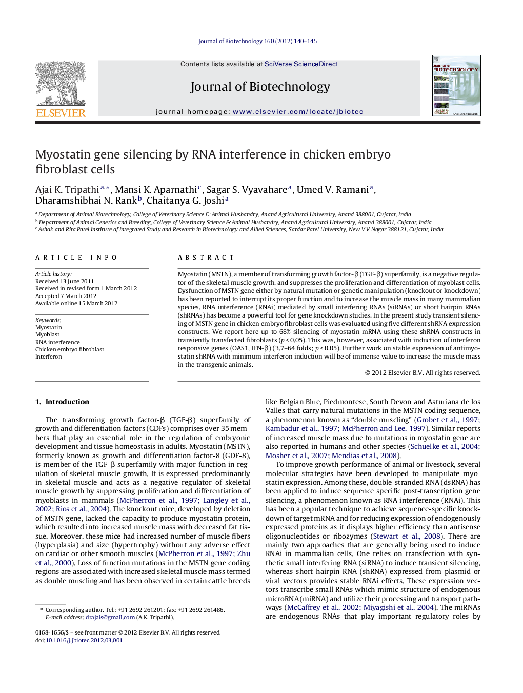 Myostatin gene silencing by RNA interference in chicken embryo fibroblast cells