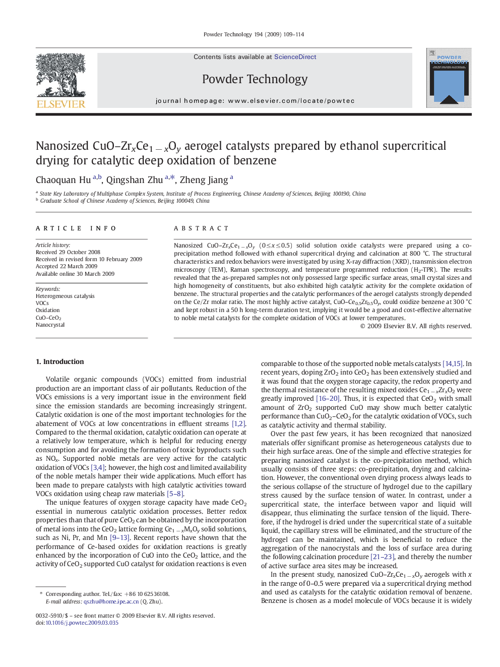 Nanosized CuO–ZrxCe1 − xOy aerogel catalysts prepared by ethanol supercritical drying for catalytic deep oxidation of benzene