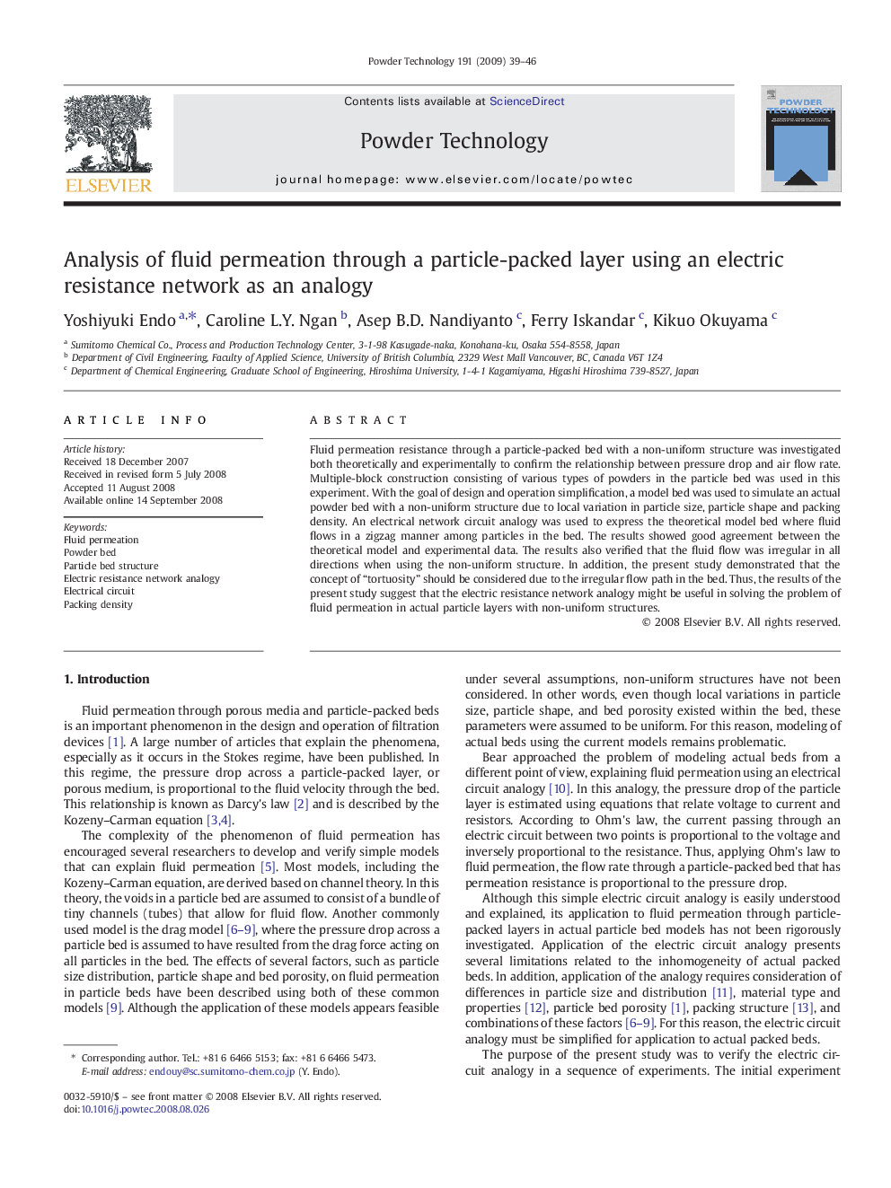 Analysis of fluid permeation through a particle-packed layer using an electric resistance network as an analogy