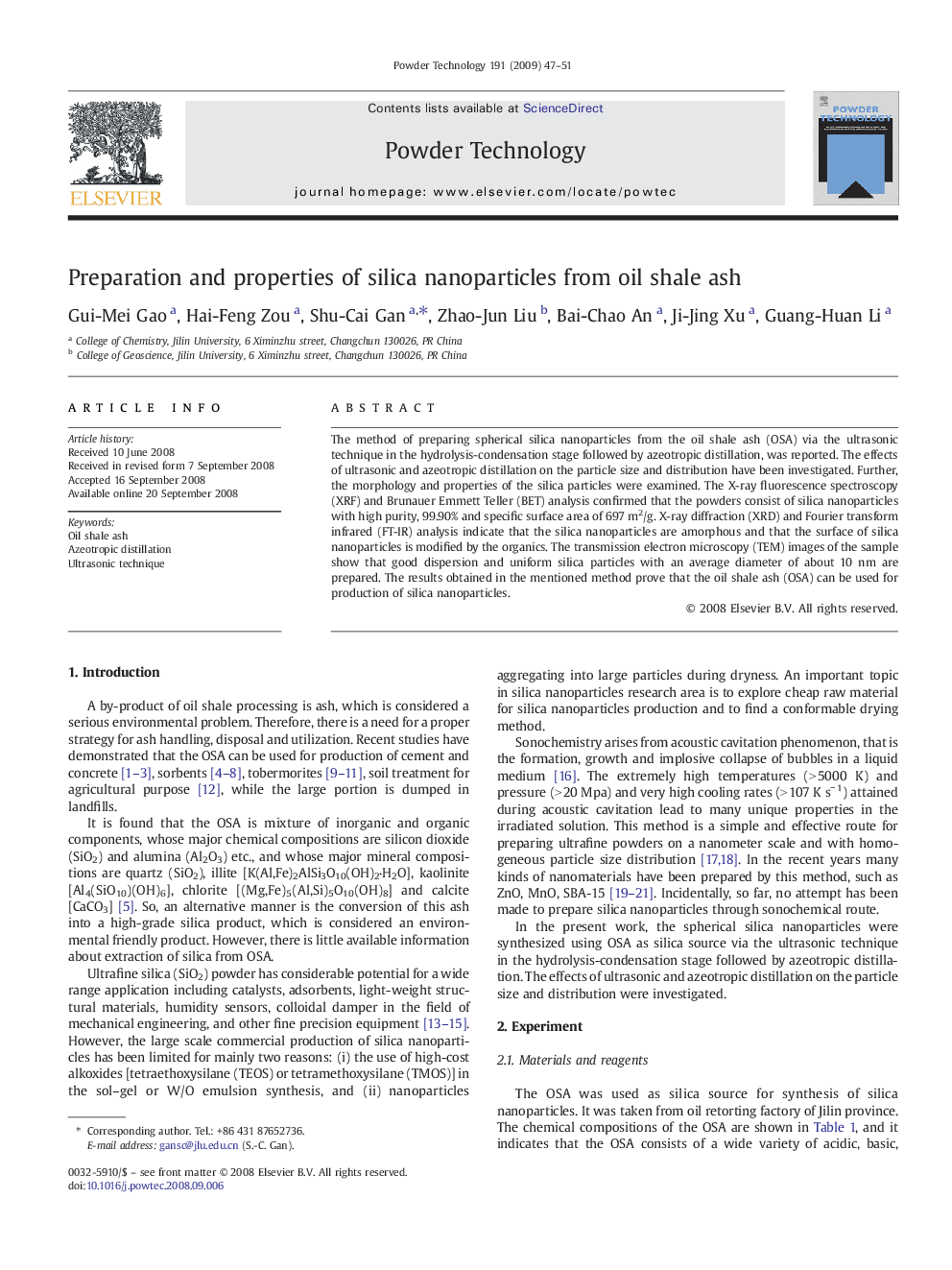 Preparation and properties of silica nanoparticles from oil shale ash