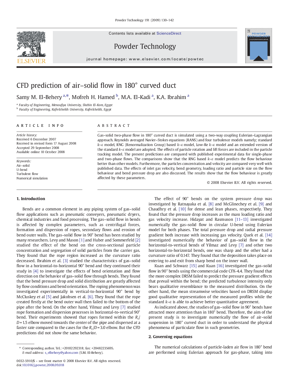 عکس صفحه اول مقاله: CFD prediction of air–solid flow in 180° curved duct CFD prediction of air–solid flow in 180° curved duct