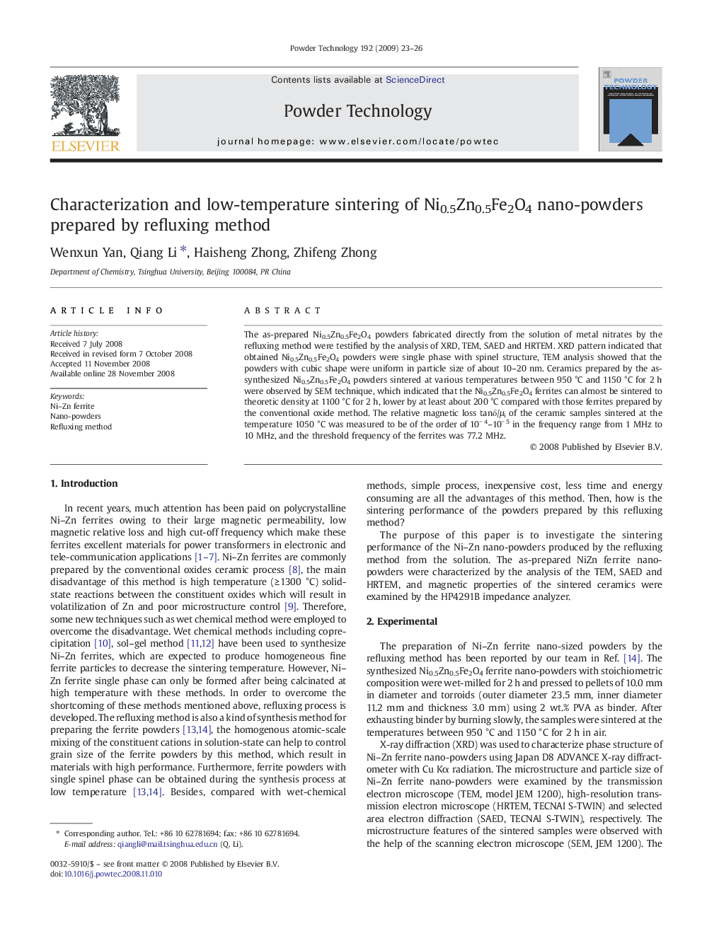 Characterization and low-temperature sintering of Ni0.5Zn0.5Fe2O4 nano-powders prepared by refluxing method