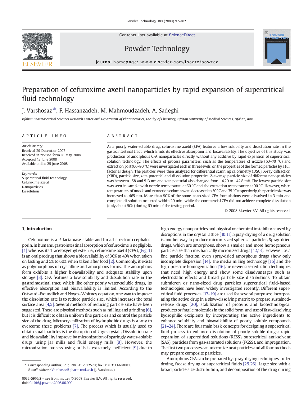 Preparation of cefuroxime axetil nanoparticles by rapid expansion of supercritical fluid technology