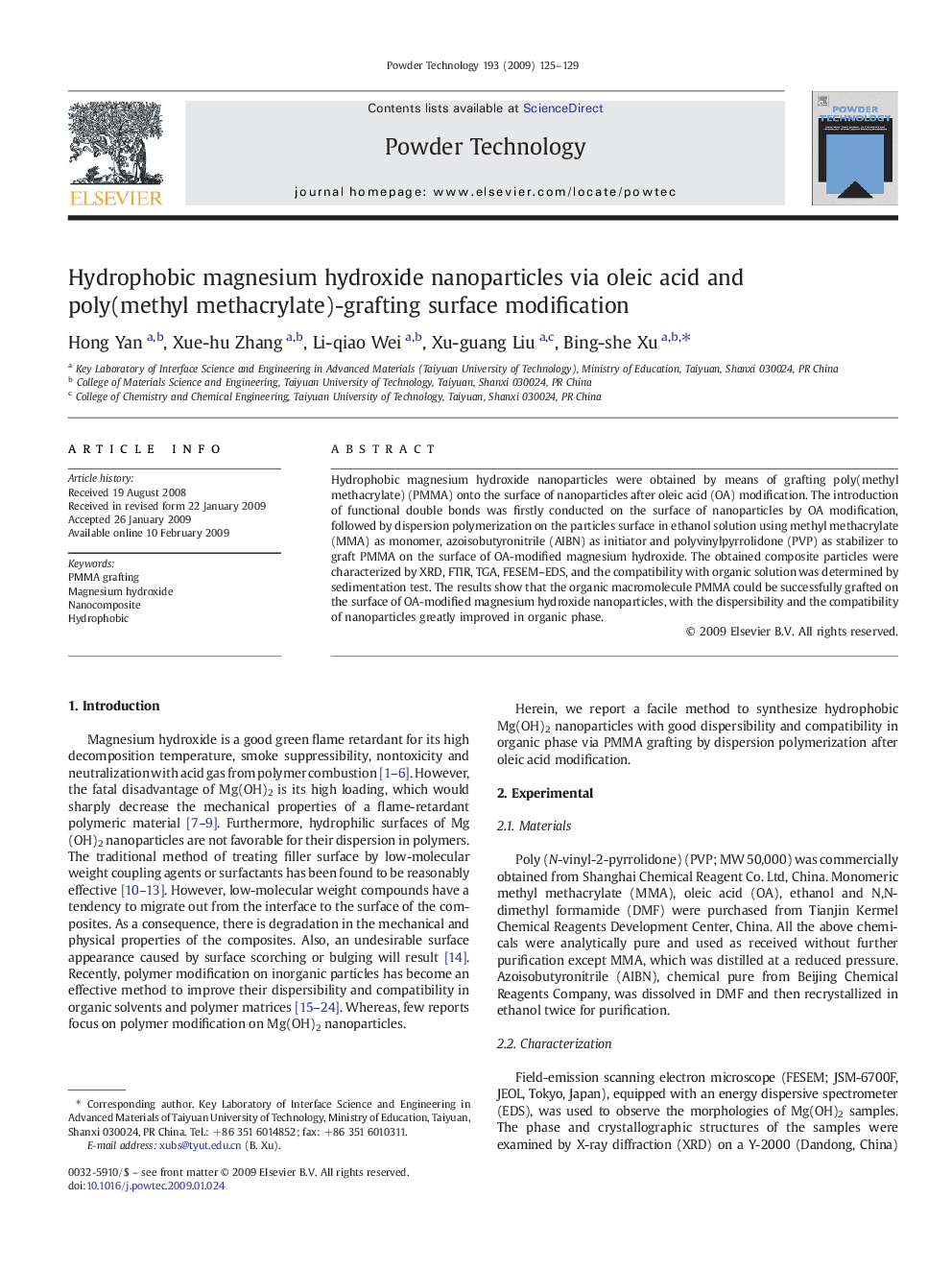 Hydrophobic magnesium hydroxide nanoparticles via oleic acid and poly(methyl methacrylate)-grafting surface modification