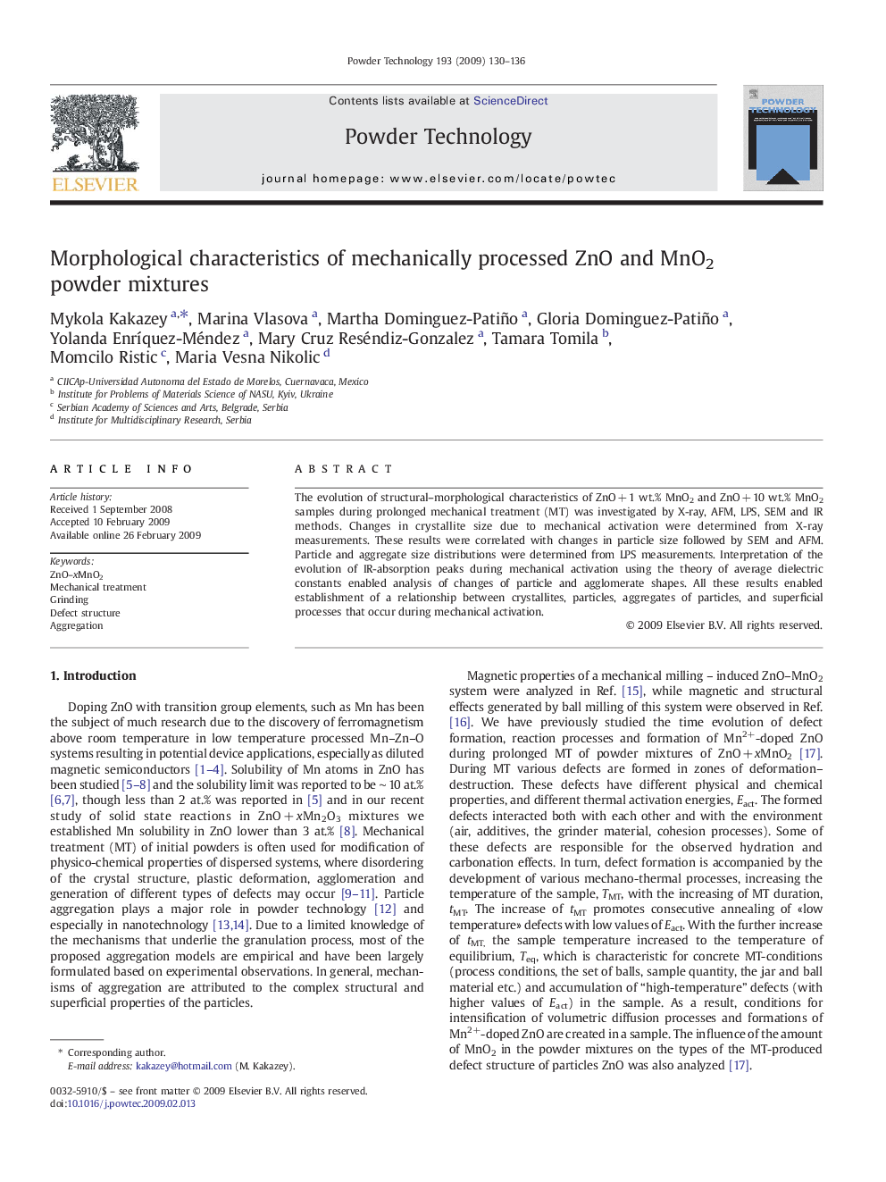 Morphological characteristics of mechanically processed ZnO and MnO2 powder mixtures