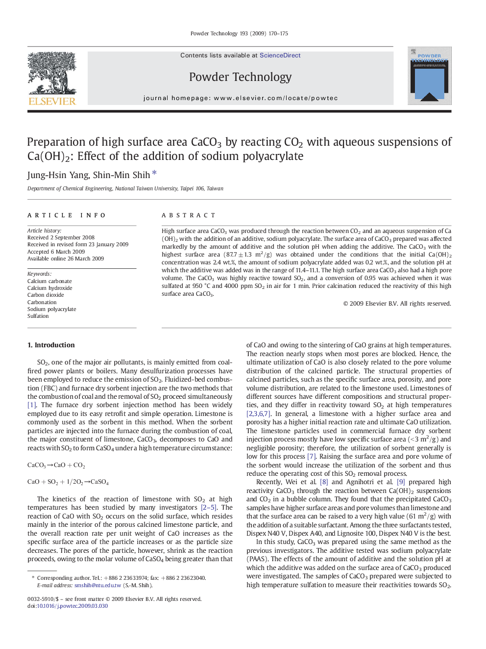 Preparation of high surface area CaCO3 by reacting CO2 with aqueous suspensions of Ca(OH)2: Effect of the addition of sodium polyacrylate