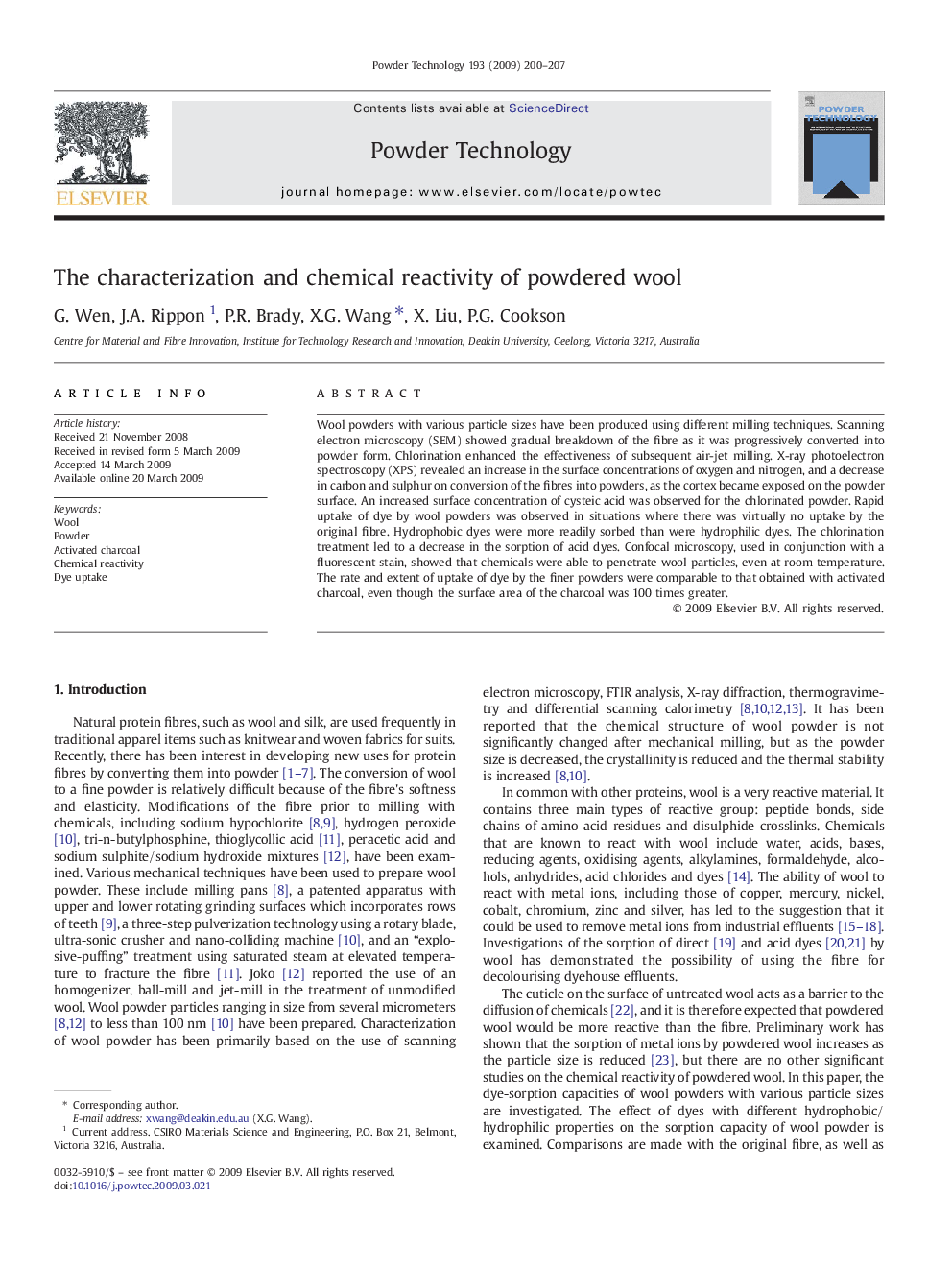 The characterization and chemical reactivity of powdered wool