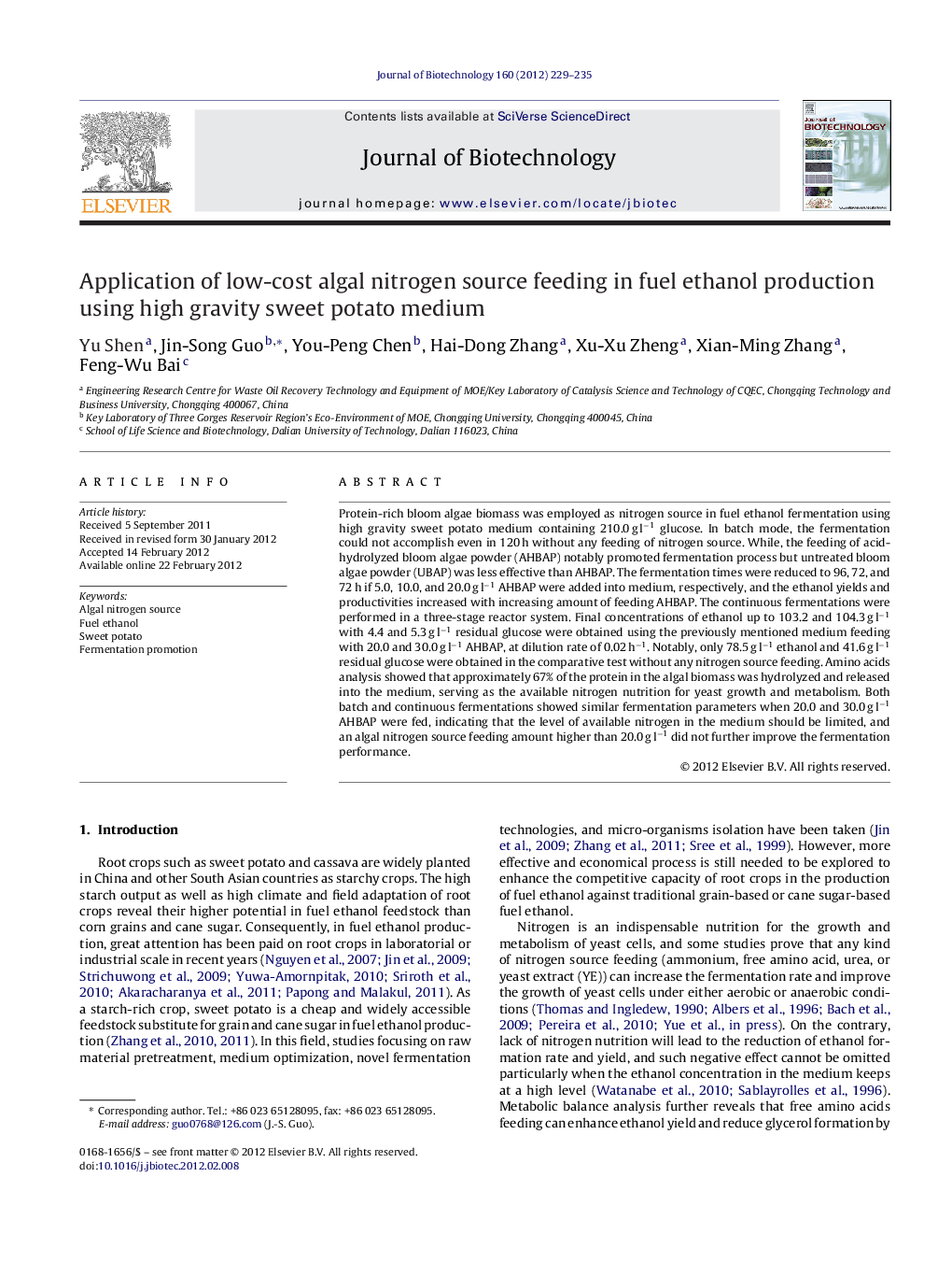 Application of low-cost algal nitrogen source feeding in fuel ethanol production using high gravity sweet potato medium