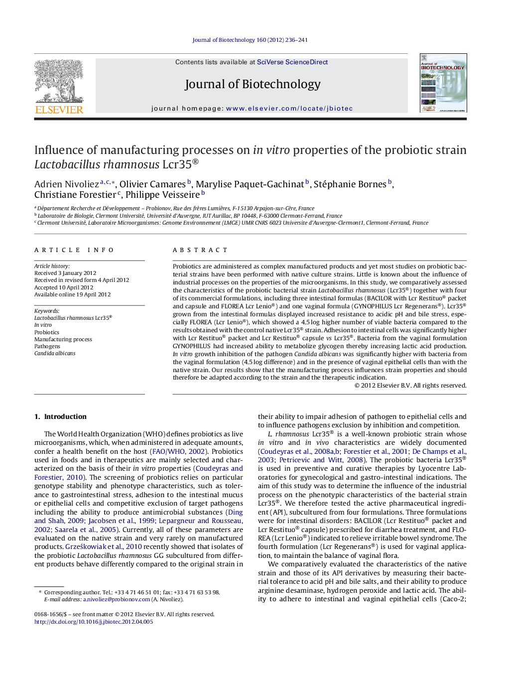 Influence of manufacturing processes on in vitro properties of the probiotic strain Lactobacillus rhamnosus Lcr35®