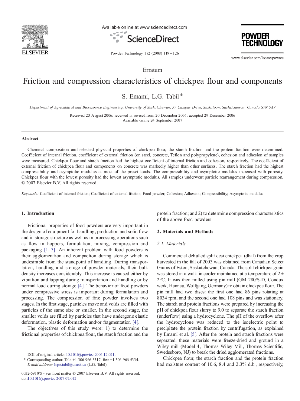 Friction and compression characteristics of chickpea flour and components