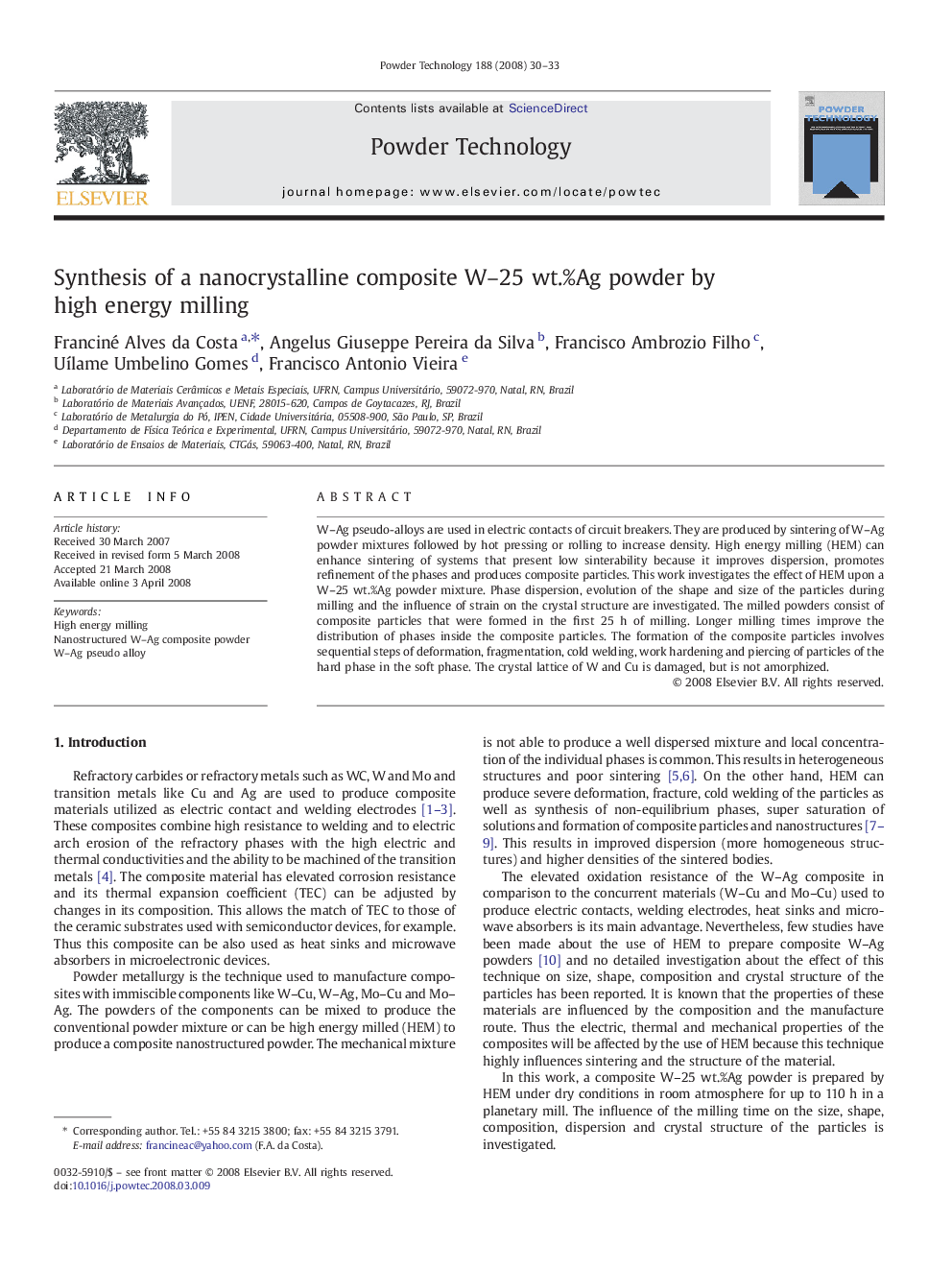 Synthesis of a nanocrystalline composite W–25 wt.%Ag powder by high energy milling