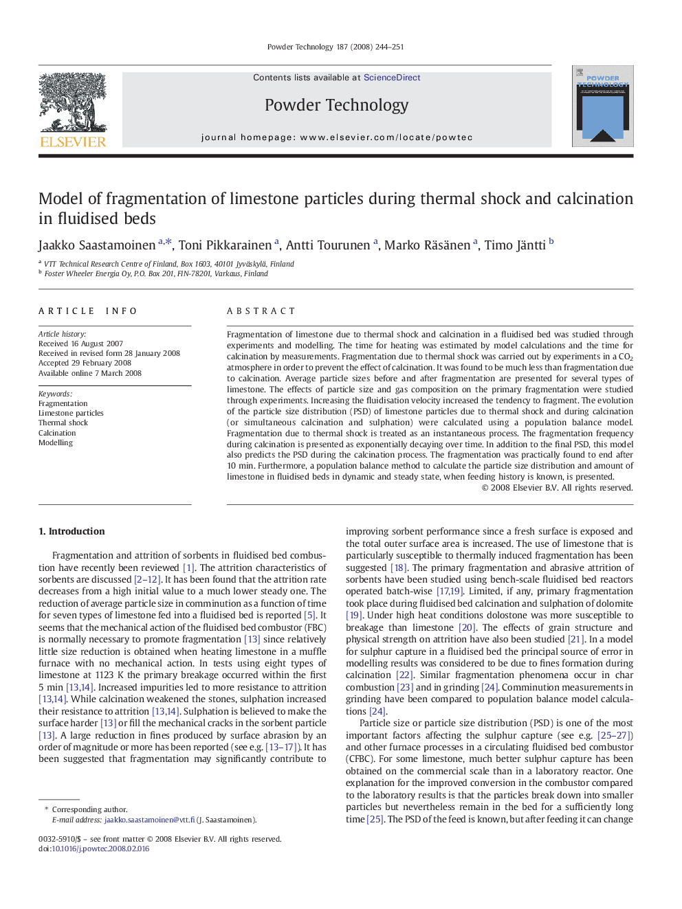 Model of fragmentation of limestone particles during thermal shock and calcination in fluidised beds