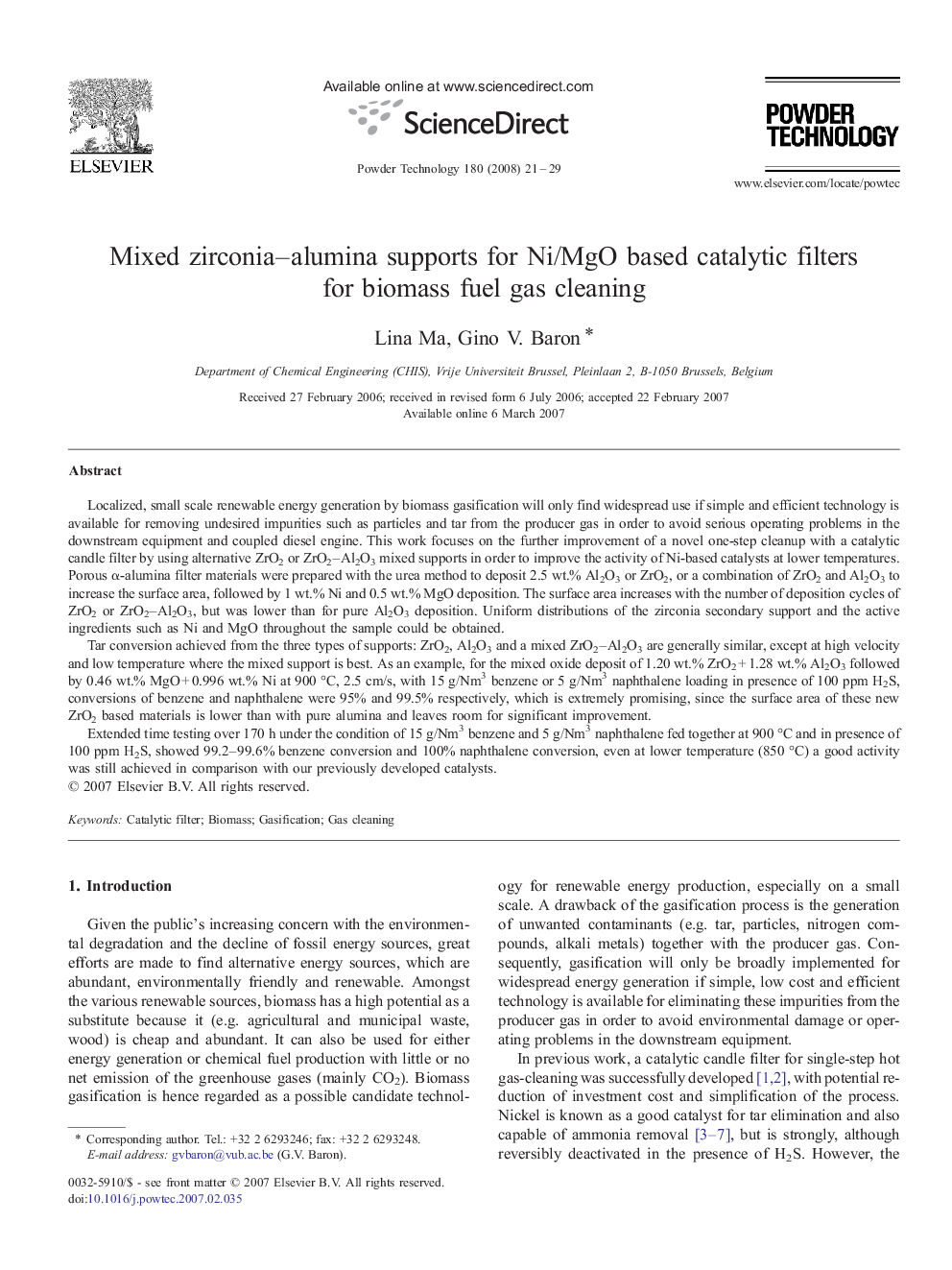 Mixed zirconia–alumina supports for Ni/MgO based catalytic filters for biomass fuel gas cleaning