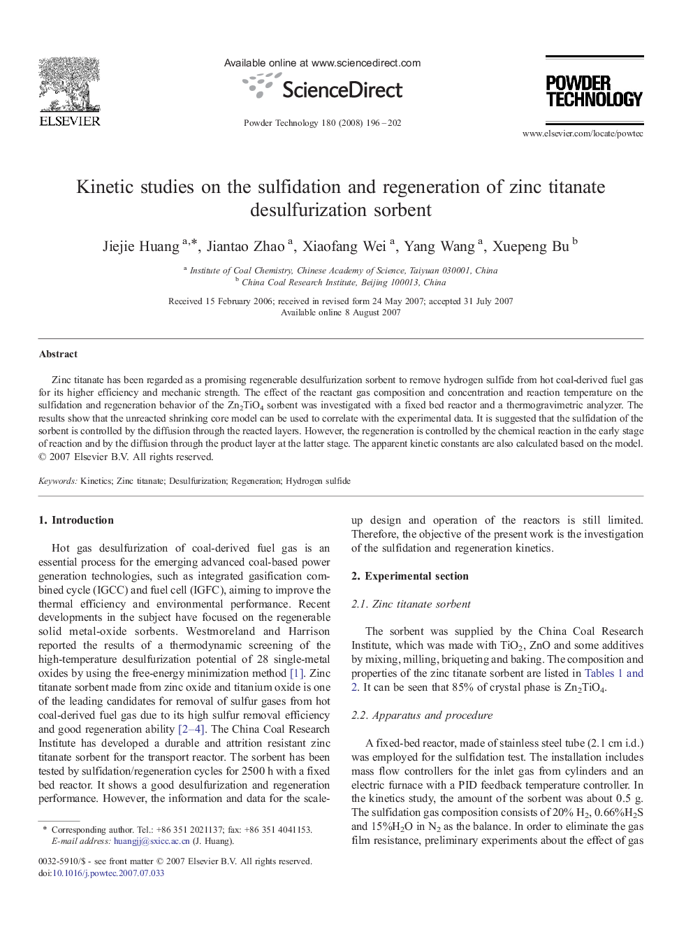 Kinetic studies on the sulfidation and regeneration of zinc titanate desulfurization sorbent