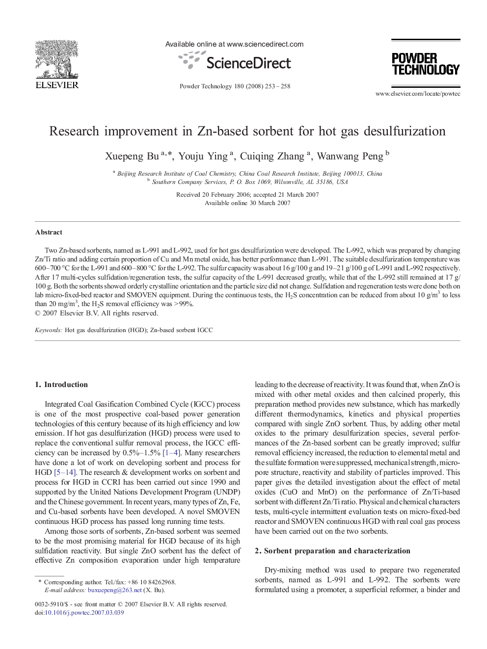 Research improvement in Zn-based sorbent for hot gas desulfurization