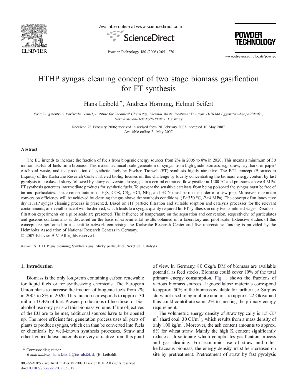 HTHP syngas cleaning concept of two stage biomass gasification for FT synthesis