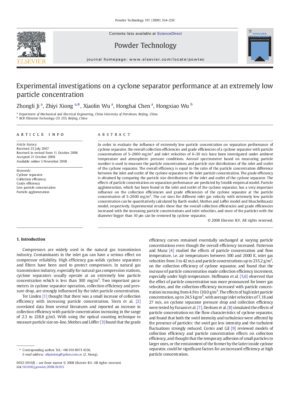 Experimental investigations on a cyclone separator performance at an extremely low particle concentration