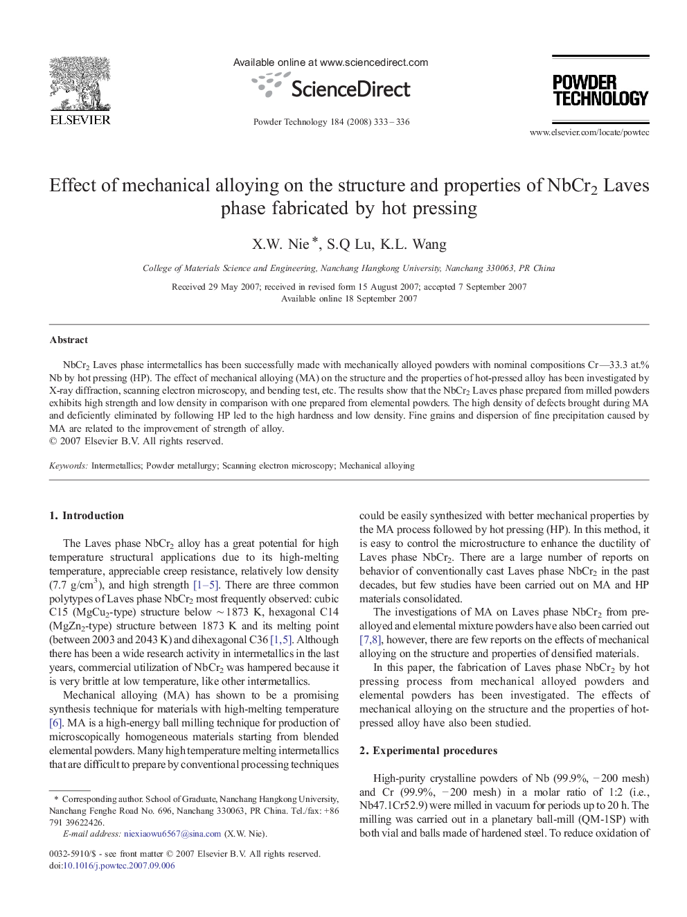 Effect of mechanical alloying on the structure and properties of NbCr2 Laves phase fabricated by hot pressing