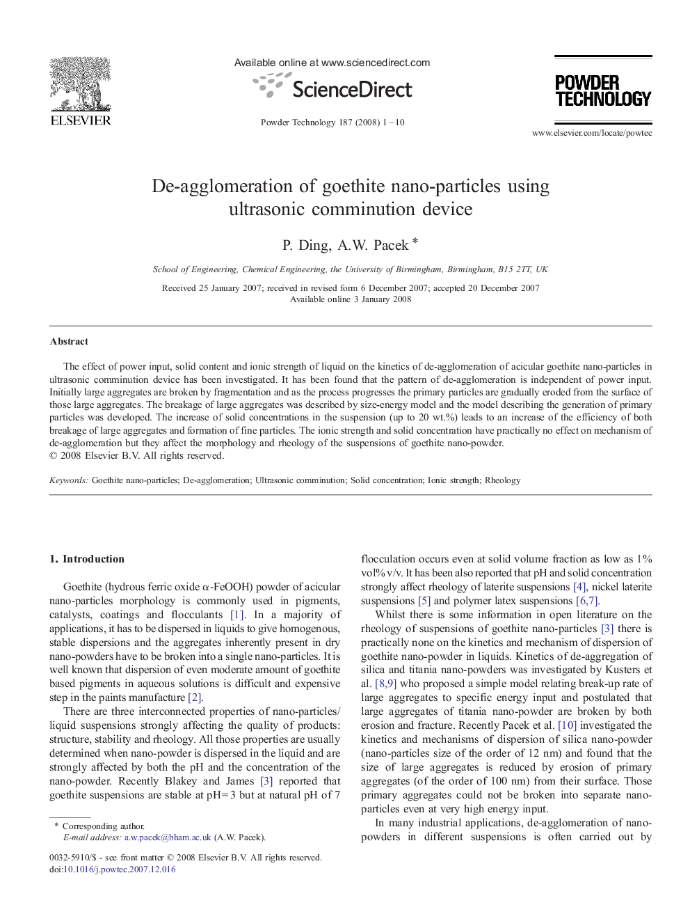 De-agglomeration of goethite nano-particles using ultrasonic comminution device