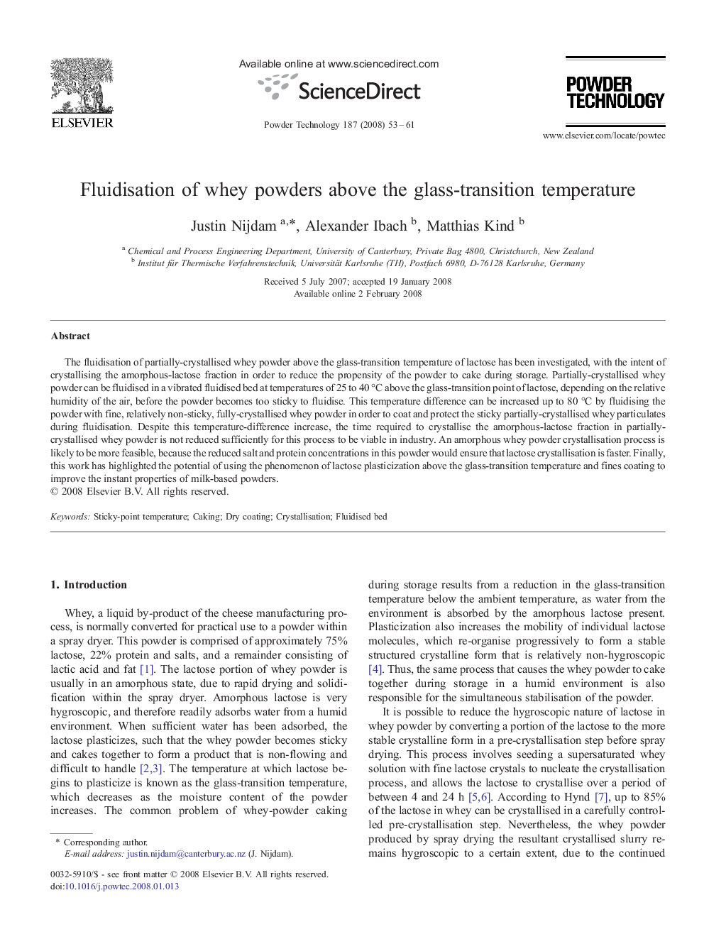 Fluidisation of whey powders above the glass-transition temperature