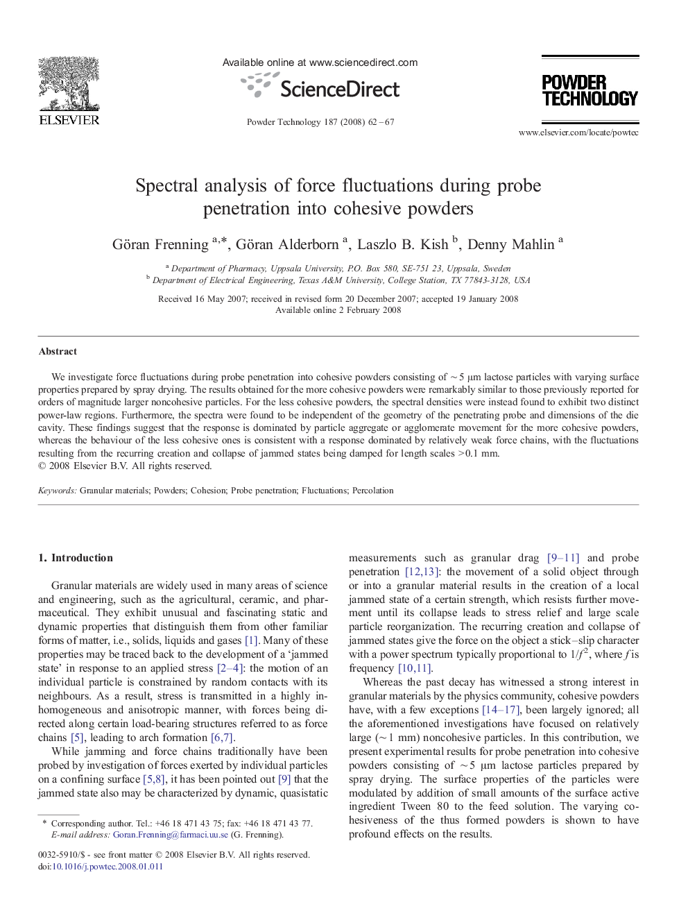 Spectral analysis of force fluctuations during probe penetration into cohesive powders