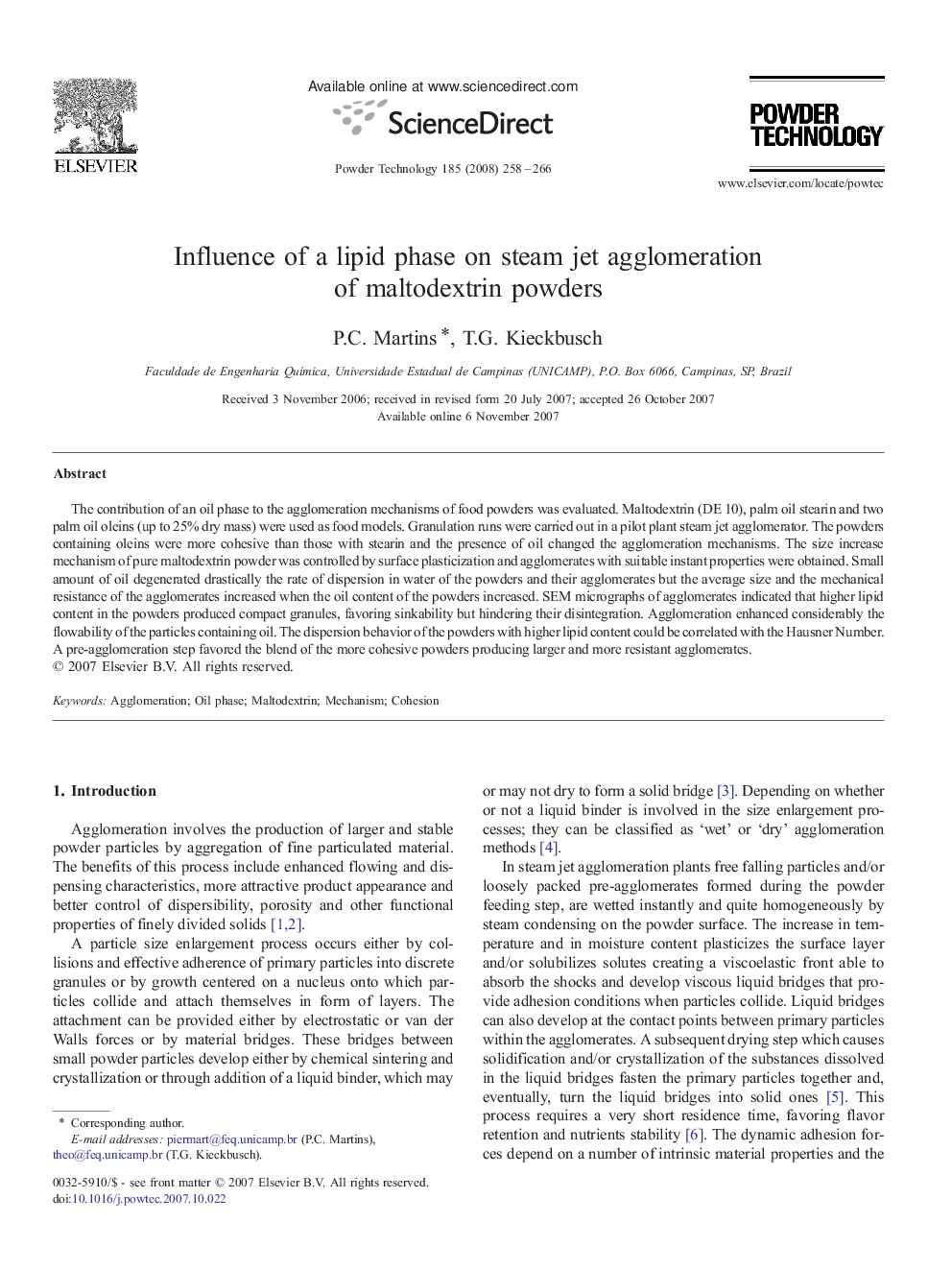 Influence of a lipid phase on steam jet agglomeration of maltodextrin powders