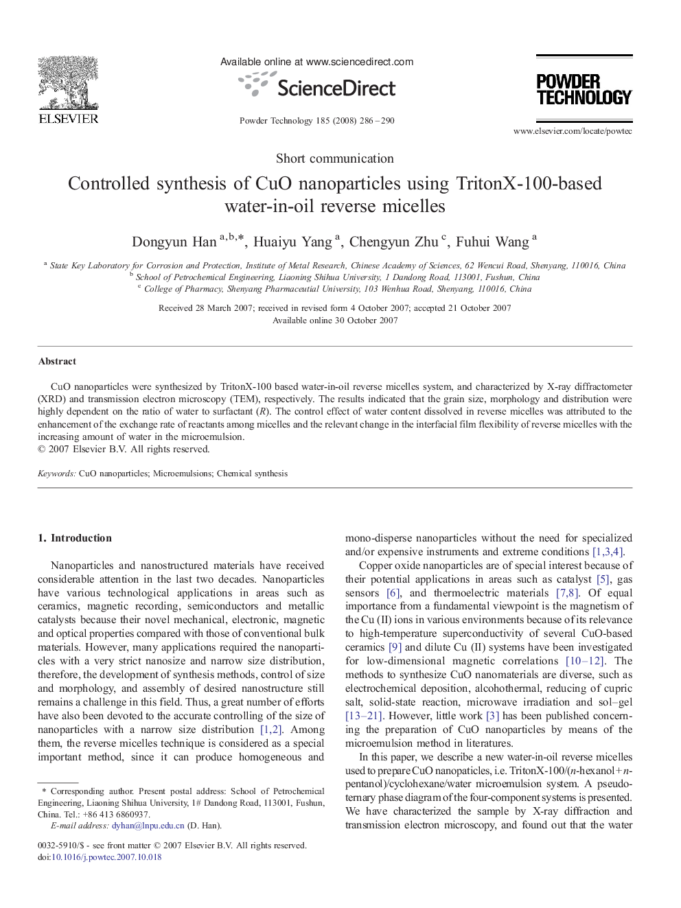 Controlled synthesis of CuO nanoparticles using TritonX-100-based water-in-oil reverse micelles