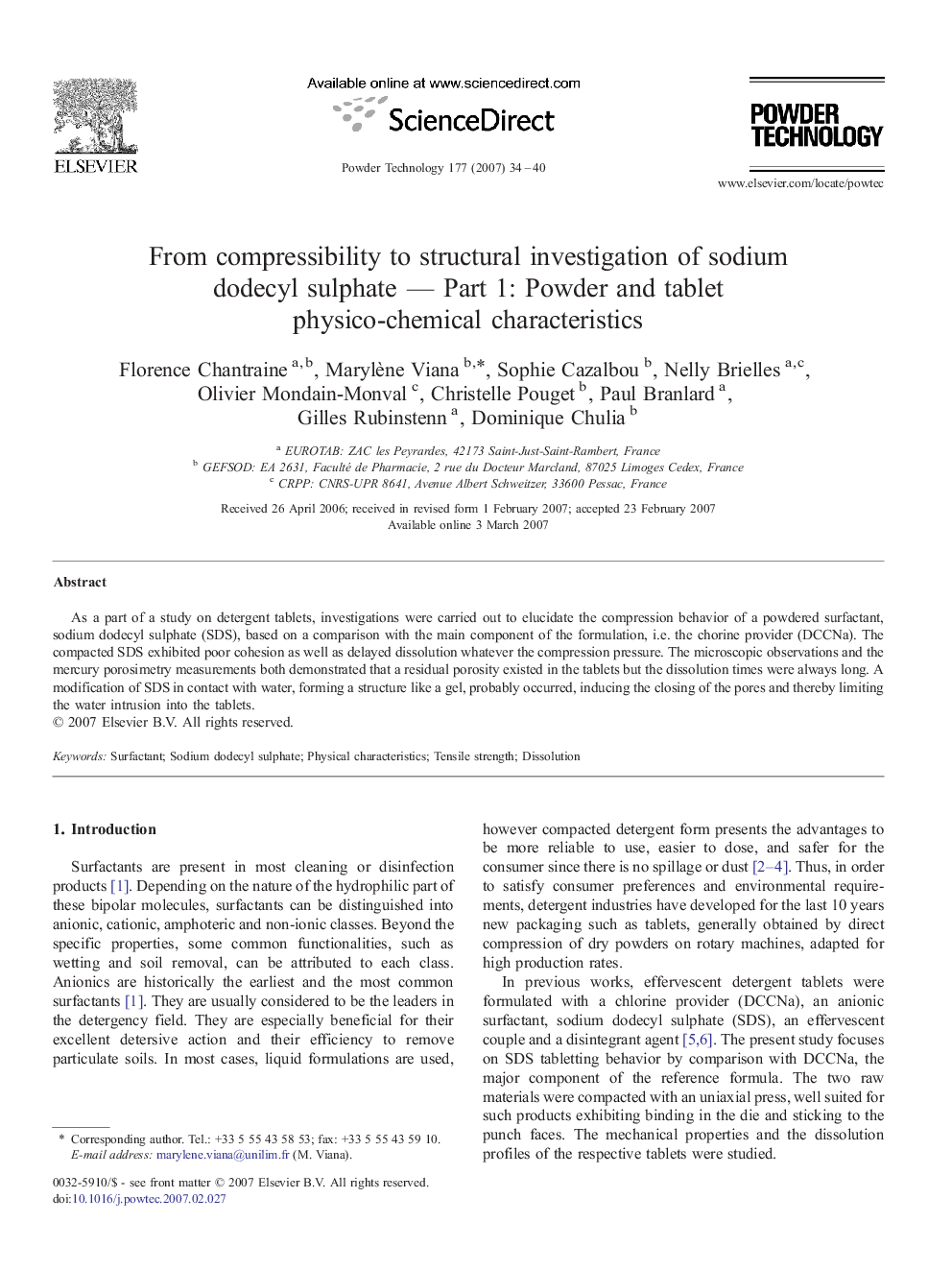 From compressibility to structural investigation of sodium dodecyl sulphate — Part 1: Powder and tablet physico-chemical characteristics