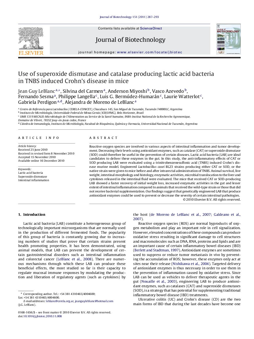 Use of superoxide dismutase and catalase producing lactic acid bacteria in TNBS induced Crohn's disease in mice