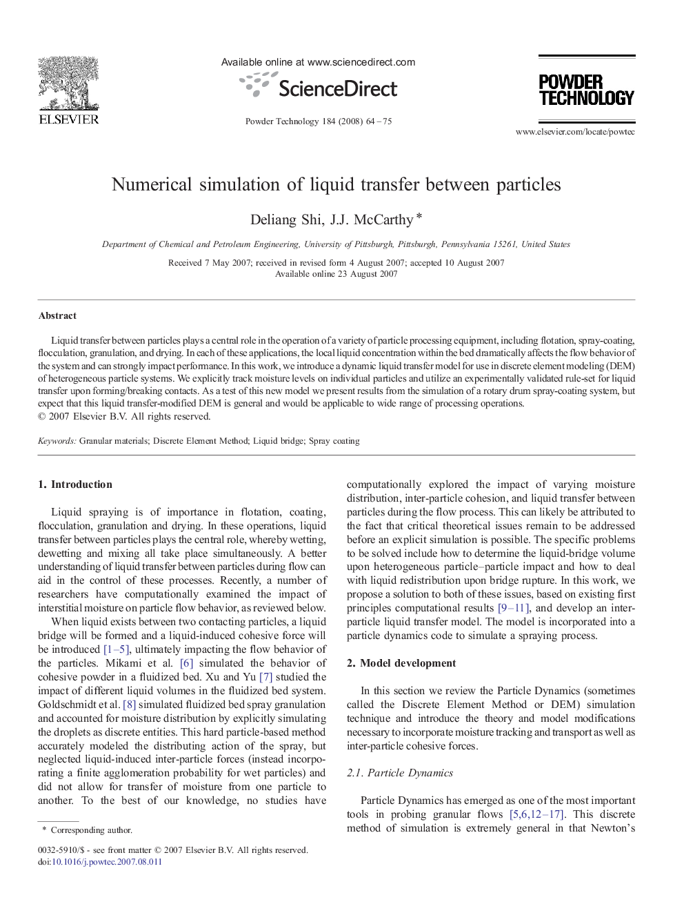 Numerical simulation of liquid transfer between particles