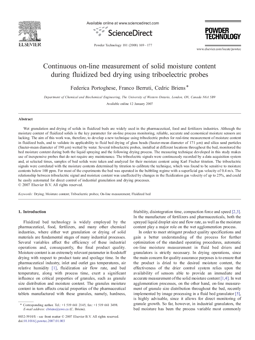 Continuous on-line measurement of solid moisture content during fluidized bed drying using triboelectric probes