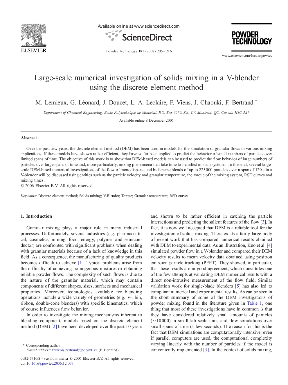 Large-scale numerical investigation of solids mixing in a V-blender using the discrete element method