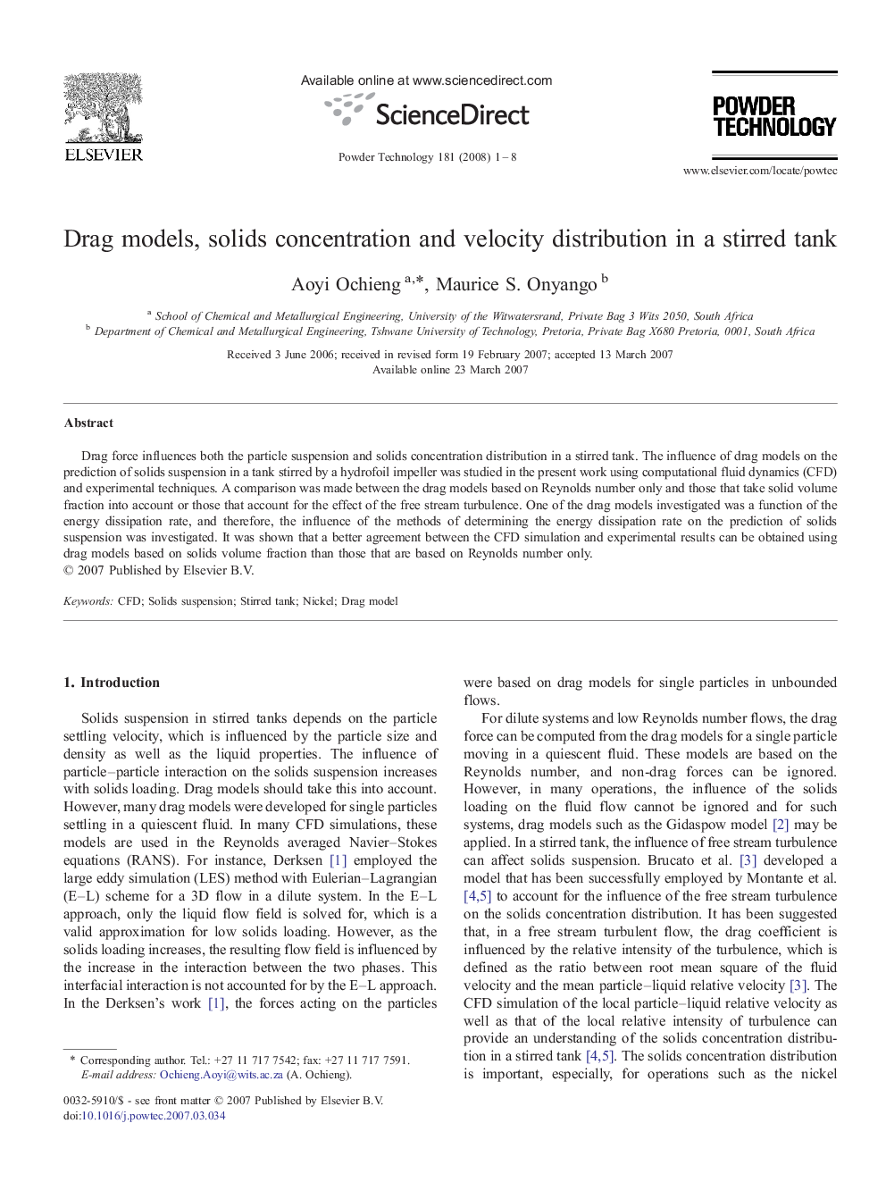 Drag models, solids concentration and velocity distribution in a stirred tank