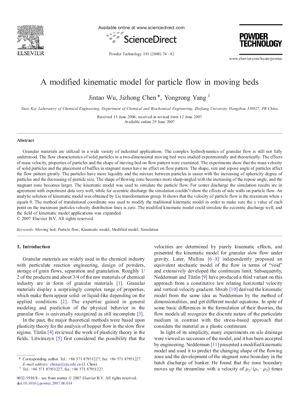 A modified kinematic model for particle flow in moving beds