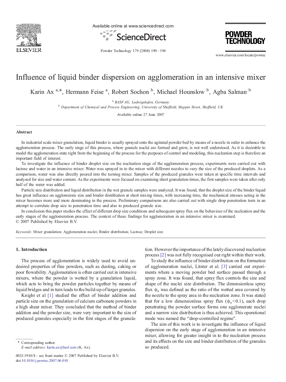 عکس صفحه اول مقاله: Influence of liquid binder dispersion on agglomeration in an intensive mixer Influence of liquid binder dispersion on agglomeration in an intensive mixer
