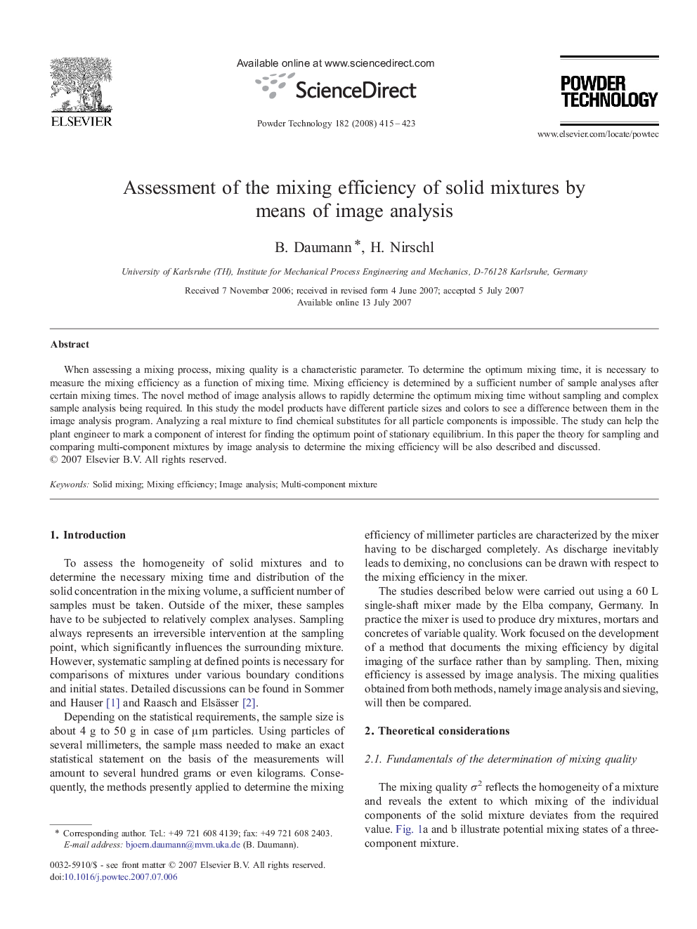 Assessment of the mixing efficiency of solid mixtures by means of image analysis