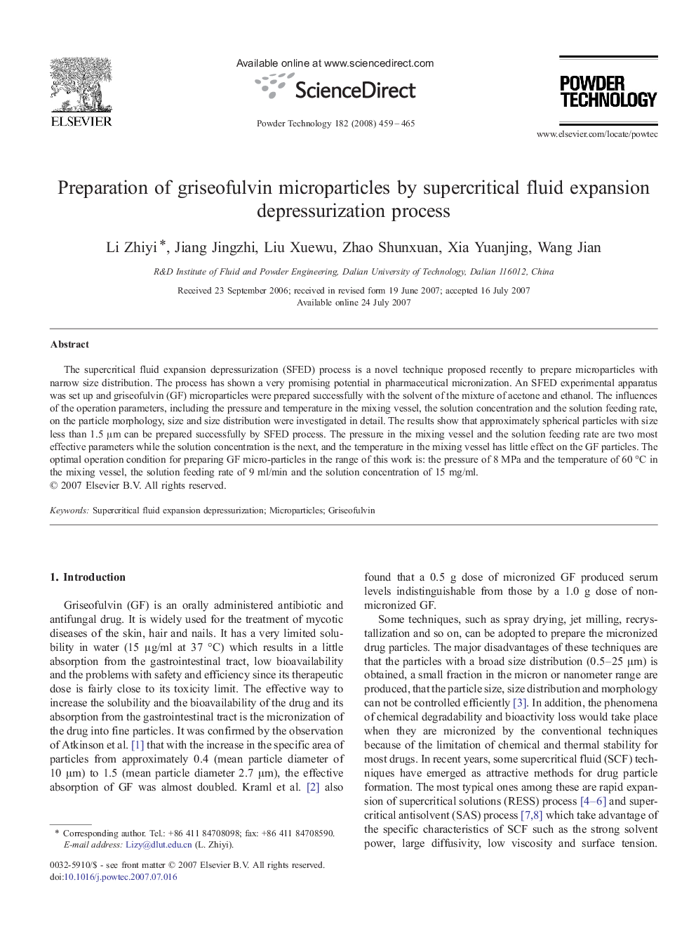 Preparation of griseofulvin microparticles by supercritical fluid expansion depressurization process