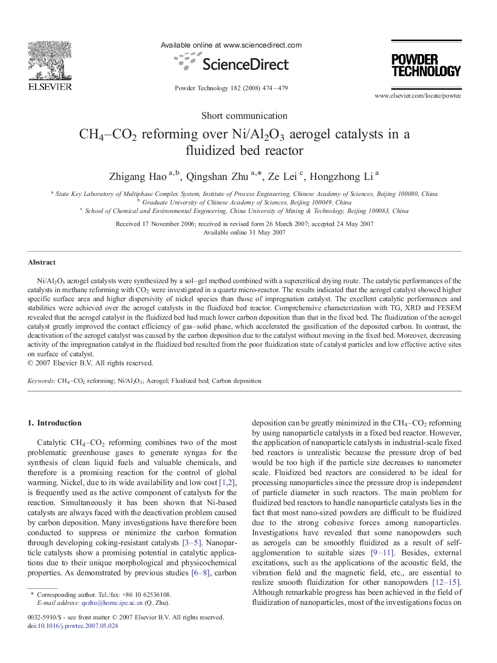 CH4–CO2 reforming over Ni/Al2O3 aerogel catalysts in a fluidized bed reactor